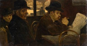 Újságolvasók a müncheni központi pályaudvar várótermében alkotó: Lajos Tegyey