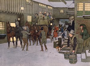 Egy edző érkezése (színes litho) alkotó: Laloin Laloin
