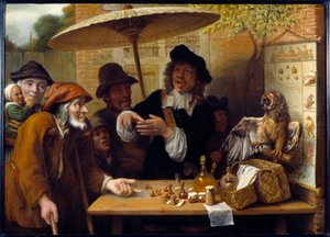 A sarlatán. A Traveler a köztéren kábítószer-árusítási adományokról vitázik. Lambert Doomer festménye (1623-1700)
