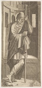 St. James Major egy rúdra támaszkodva egy fülke előtt, bal lábát keresztbe tette a jobbján, oda..., 1545.