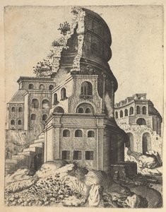 Függőleges táj a Vénusz-templom romjaival és Rómával, a „Ruinar...” sorozatból, 1554.