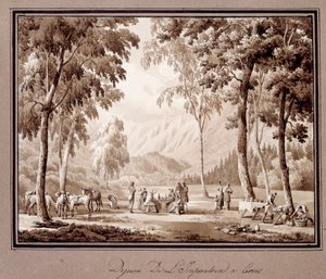 Josephine de Beauharnais impresszió reggelije Cervosban 1810-ben. Theodore Turpin De Crisse (1782-1859) rajza