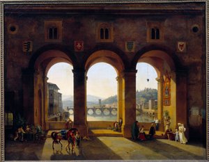 Kilátás Firenze Ponte Vecchio-ra. Theodore Turpin De Crisse (1782-1859) festménye