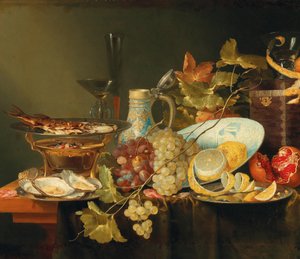 Csendélet gyümölcsökkel, egy kínai porcelán tál és egy hal a tűzhelyen