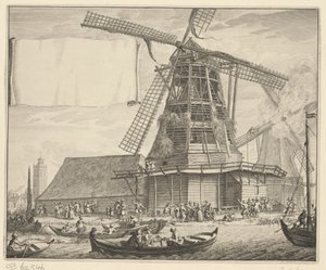 Tűz a De Zeug olajmalomban Wormer közelében, 1699 alkotó: Laurens Scherm