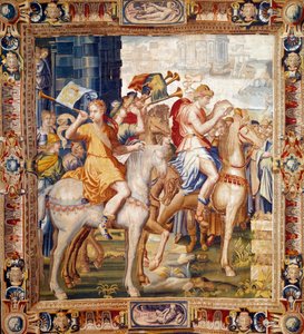 Herauták lovaglás. Függöny Artemise történetéből. Laurent Guyot (1756-1806) és Henri Lerambert (kb. 1540/1550-1608) gyapjú- és selyem kárpit a faubourg Saint Marcel (1601-vers1670) műhelyében. 17. századi Párizs, nemzeti bútorok