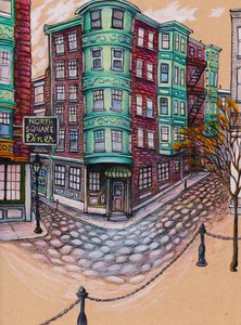 North Square Diner, 2025 (színes ceruza és tus, tónusos papír)