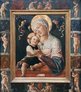 Német: Mária a Gyermekkel, festett keretben, kerubokkal Madonna és Gyermeke