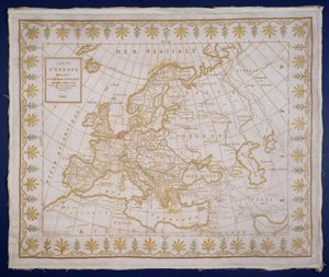 T.143-1938 Fanny Le Gay által varrt mintás Európa térképét ábrázoló mintadarab, amelyet M. le Comte Fourgroy francia grófnak ajándékozott. alkotó: Le Gay