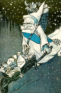A nagy gyerekek karácsonya – Emile Loubet francia elnök Mikulásnak öltözött, talicskával ajándékozta meg a felnőtteket. 1905. (litho) alkotó: Leal de Camara