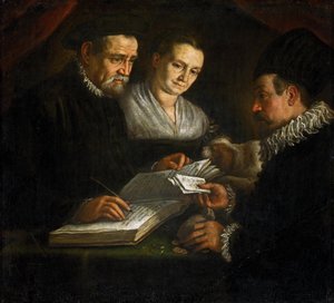 A pénzváltó Orazio Lago, a felesége és egy ügyfele - A pénzváltó Orazio Lago, a felesége és egy ügyfél - Leandro Bassano (1557-1622). Olaj, vászon, kb. 1600. Méretek: 93x101 cm. Művészettörténeti Múzeum, Bécs