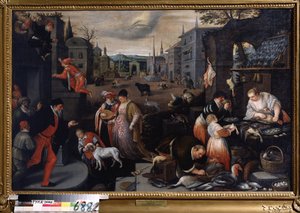 ""Le mois de fevrier"" (február) Sétajelenet karnevál idején. Halak jel szimbólum az égen. Leandro Bassano da Ponte (1557-1622) festménye 1595-1600 Méret: 144x190 cm Tulai Állami Művészeti Múzeum Oroszország alkotó: Leandro da Ponte Bassano