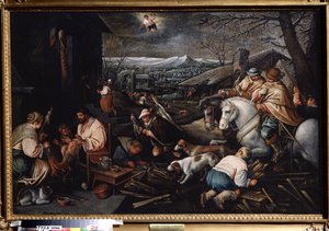 ""Január hónap"" (január) Vadászok, gyapjúfonó nők. Vízöntő szimbólum az égen. Leandro Bassano da Ponte (1557-1622) festménye, mérete 146 x 192 cm Tulai Állami Művészeti Múzeum Oroszország
