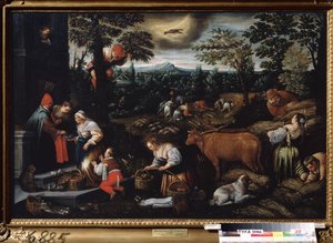 ""Június hónap"" (június) Munka a gazdaságban, cseresznyeszedés és búzagyűjtés. Rák jel szimbólum az égen. Leandro Bassano da Ponte (1557-1622) festménye 1595-1600 Tulai Állami Művészeti Múzeum Oroszország alkotó: Leandro da Ponte Bassano