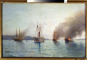 Russian Torpedo Boat Grand Duke Konstantin Destroying The Turkish Ships At Bosphorus On 1877 (Russian Torpedo Boat Tender Grand Duke Konstantin Destroying The Turkish Ships At Bosphorus On 1877). Az oroszok közötti háború tengeri csatája