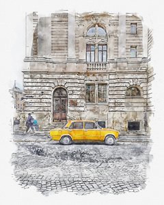 Klasszikus sárga autók utcája alkotó: Lembayung senja studio [Vintage Poster]