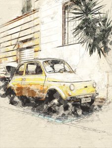 Klasszikus sárga Fiat alkotó: Lembayung senja studio [Vintage Poster]