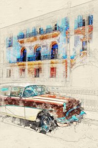 Havanna – klasszikus autók vázlatai alkotó: Lembayung senja studio [Vintage Poster]