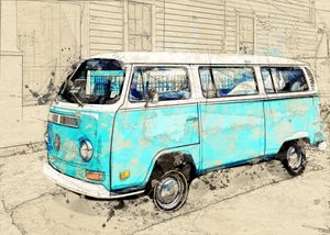 Vintage kék kempingbusz