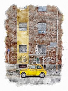 Sárga klasszikus utcai autó alkotó: Lembayung senja studio [Vintage Poster]