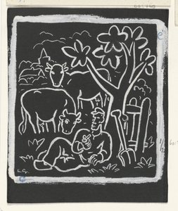 Farmer pihen egy fa alatt a réten tehenekkel alkotó: Leo Gestel (signed by artist)