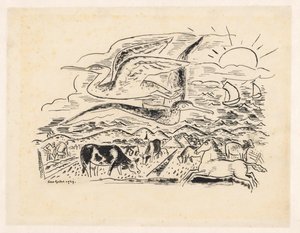 Két madár repül át egy tájon szarvasmarhákkal alkotó: Leo Gestel (signed by artist)