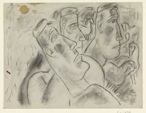 Három gazda egy réten lovakkal alkotó: Leo Gestel