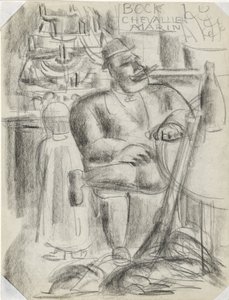Vadász a kávézó asztalánál ül, fekete krétával Cím nélkül alkotó: Leo Gestel