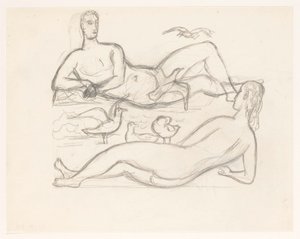 Meztelen férfi és nő a parton, sirályokkal körülvéve alkotó: Leo Gestel