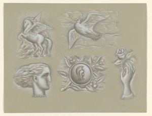 Pegazus, galamb, női fej, fegyver és kéz rózsával alkotó: Leo Gestel