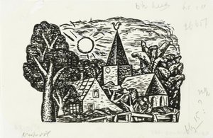 Matrica Gestel életrajzához, Prof. W. van der Pluym Untitled (falukép templommal és nappal, matrica Gestel életrajzához, Prof. W. van der Pluym) alkotó: Leo Gestel