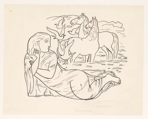 Nő feküdt a tengerparton, két ló és néhány sirály alkotó: Leo Gestel