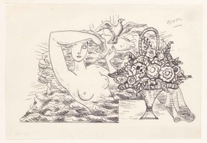 Női akt a hullámokban, kiengedve egy madarat, az előtérben egy kosár virág alkotó: Leo Gestel