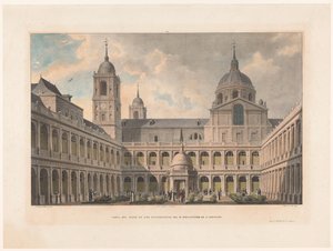 Zicht op de San Lorenzo de El Escorial evangélisták udvara van het kolostor Kilátás az R. S. Lorenzo kolostor evangélistáinak udvarára (cím a tárgyon)
