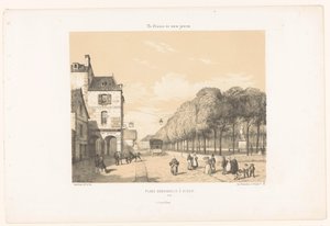 Vonattal a Place Du Guesclinhez Dinanban Place Duguesclin à Dinan (cím az objektumon) A mai Franciaország (sorozat címe) La France de nos jours (sorozat címe a tárgyon) alkotó: Leon Auguste Asselineau