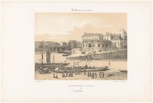 Kilátás a nantes-i halászcsarnokra a mólóról La poissonnerie à Nantes (cím a tárgyon) Kortárs Franciaország (sorozat címe) La France de nos jours (sorozat címe a tárgyon) alkotó: Leon Auguste Asselineau