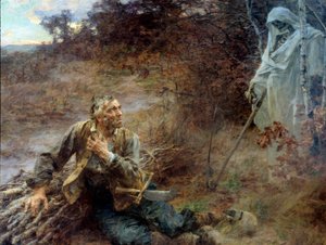 A Halál és a faember Illusztráció Jean de La Fontaine (1621-1695) meséjéhez Leon Augustin Lhermitte (1844-1925) festménye, 1893, 2,06 x 2,42 m Chateau Thierry, La Fontaine múzeum – A halál és a favágó. Illusztráció Jean de La meséjéhez