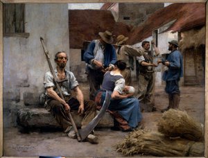 Paraszt aratógépek bértáblája egy tanya udvarán, egyikük hamisítványt tart. Leon Augustin Lhermitte (1844-1925) festménye 1882 V. 2,15x2,72 m Párizs, Muse d
