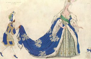 Jelmezterv a királynő számára a "Csipkerózsika"-ban, 1921 (wc és gouache papíron) alkotó: Leon Bakst