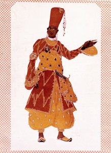 A nagy eunuch jelmeze, Lev Szamoilovics Rosenberg Leon Bakst (1866-1924) című rajzai a Nyikolaj Andrejevics Rimszkij-Korszakov (Rimszkij Korszakov vagy Rimszkij Korszakov) „Seherezádé” (vagy Seherezádé) című baletthez alkotó: Leon Bakst