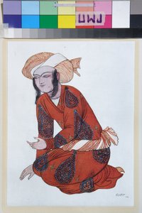 Jelmez Nyikolaj Rimszkij Korszakov (Rimszkij-Korszakov) (1844-1908) Seherezade című balettjéhez - Leon Bakst (1866-1924) munkája, litográfia 1922 - (Nikolaj Rimszkij Korszakov Seherezade című balettjének jelmeze, Leon Bakst , Szín lith alkotó: Leon Bakst