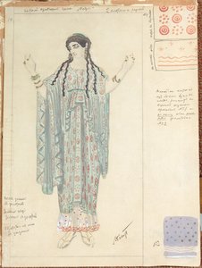 Várakozó hölgy jelmezterve Euripidész „Hippolytus”-hoz (wc, tinta és gouache papíron) alkotó: Leon Bakst