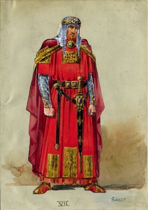 Középkori herceg, jelmeztervezés (akvarell és gouache papíron) alkotó: Leon Bakst