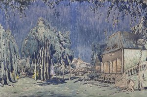 Színpadterv Robert Schumann Les Papillons című balettjéhez alkotó: Leon Bakst