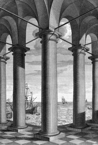 Az építészeten egy tengeri táj jelenik meg az árkádokkal alátámasztott épület mögött: Leon Battista Alberti (1404-1472), építész, matematikus, a reneszánsz olasz költője, London „De Architectura Libri decem” című táblája.