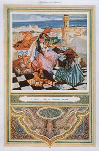 Shisha-t (vízpipát) szívó nő Algírban, egy teraszon, 1900 körül 9 színű litó alkotó: Leon Cauvy