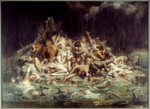 Az özönvíz Emberek és állatok testeinek halmaza az ég haragjának esőpatakai alatt, egyesek már megfulladtak, mások szorongattatásukat sikoltozzák. Leon Comerre (1850-1916) festménye 1911 V. 3,45x4,48 m Nantes, Musee des Beaux Arts