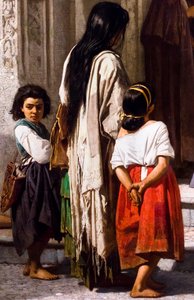 Fiatal nő alamizsnát ad a córdobai San Sebastian kórház kápolnájának bejáratánál, részlet alkotó: Leon Joseph Florentin Bonnat