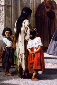 Fiatal nő alamizsnát ad a córdobai San Sebastian kórház kápolnájának bejáratánál, részlet alkotó: Leon Joseph Florentin Bonnat