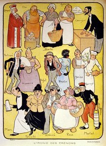 „A nevek iróniája”, huszadik század eleji illusztráció a „Le Rire” magazin számára (színes litho)